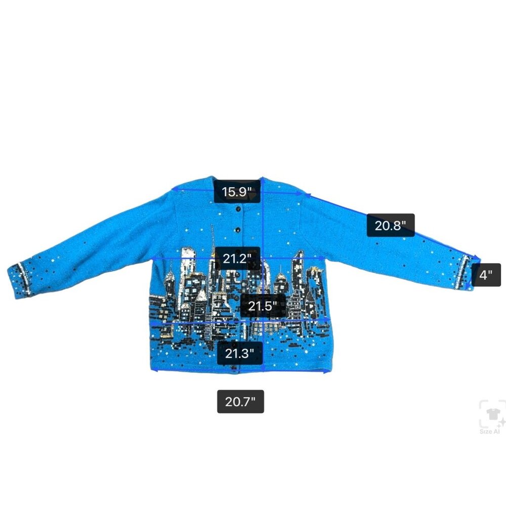Design Options Womens Blue Button-Up Sequin Cardigan Skyline Embellished Sz L - Picture 10 of 10